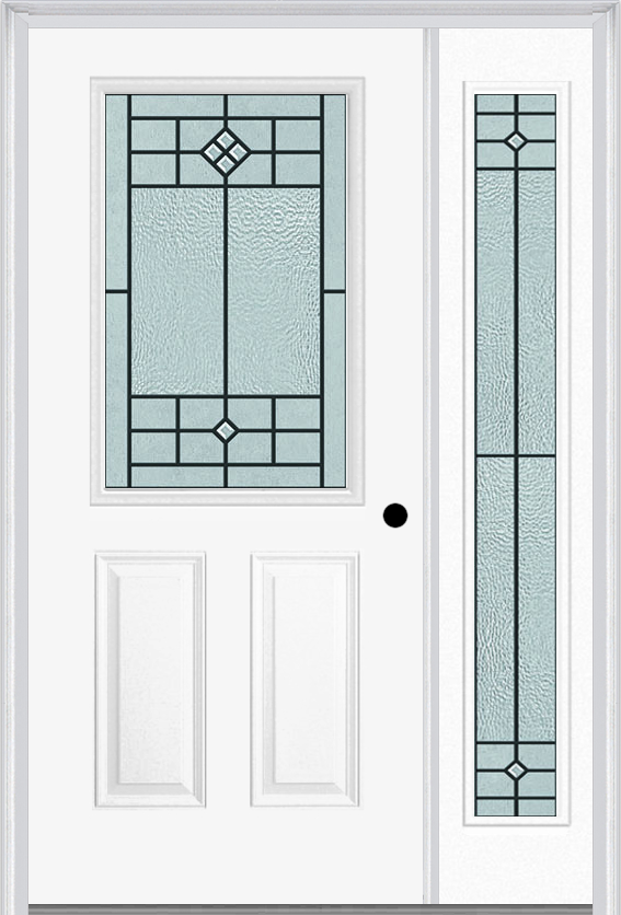 MMI 1/2 Lite 2 Panel 6'8" Fiberglass Smooth Beaufort Patina Exterior Prehung Door With 1 Full Lite Beaufort Patina Decorative Glass Sidelight 684